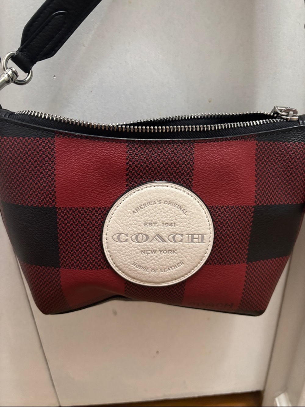 Coach Red & Black Buffalo Check Crossbody with Leather Trim and matching wallet - Picture 2 of 8